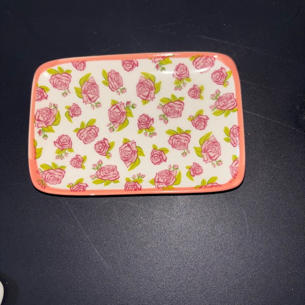 Rectangular rose Ceramic jewelry Trinket tray Dish